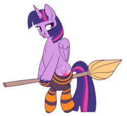 Size: 750x682 | Tagged: safe, artist:lulubell, twilight sparkle, alicorn, pony, g4, broom, clothes, female, flying, flying broomstick, lidded eyes, looking back, open mouth, simple background, smiling, socks, solo, striped socks, transparent background, twilight sparkle (alicorn), unshorn fetlocks, witch