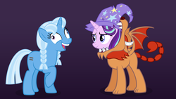 Size: 1920x1080 | Tagged: safe, artist:ohitison, starlight glimmer, trixie, manticore, pony, unicorn, g4, clothes, costume, crossing the line twice, duo, equal cutie mark, i didn't listen, meme