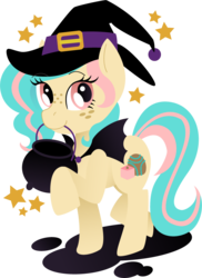 Size: 693x950 | Tagged: safe, artist:matteglaze, oc, oc only, oc:vanilla ganache, pony, female, halloween, hat, mare, mouth hold, simple background, solo, transparent background, witch, witch hat