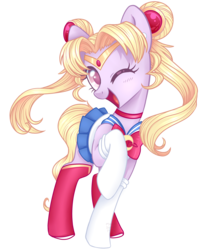 Size: 2286x2730 | Tagged: safe, artist:hawthornss, gameloft, celena, g4, clothes, cosplay, costume, crossover, cute, ear piercing, earring, hair accessory, high res, jewelry, looking at you, magical pony, nightmare night costume, one eye closed, open mouth, piercing, sailor moon, sailor moon (series), simple background, socks, solo, transparent background, tsukino usagi, twintails, wink