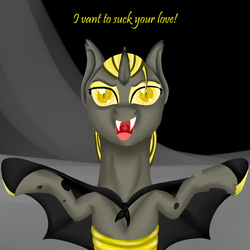Size: 900x900 | Tagged: safe, artist:bevendre, changeling, vampire, clothes, costume, nightmare night, nightmare night costume, solo, text, yellow changeling