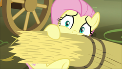Size: 1920x1080 | Tagged: safe, screencap, fluttershy, pony, g4, scare master, female, hay, mare, scared, solo