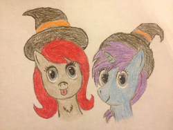 Size: 960x720 | Tagged: safe, anonymous artist, derpibooru exclusive, oc, oc only, oc:ponepony, oc:seafood dinner, earth pony, pony, unicorn, chest fluff, colored pencil drawing, cute, halloween, hat, looking at you, tongue out, traditional art, witch hat