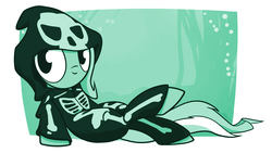 Size: 1920x1080 | Tagged: safe, artist:dori-to, lyra heartstrings, g4, clothes, costume, cute, female, halloween, halloween costume, hoodie, kigurumi, looking at you, monochrome, nightmare night, on back, skeleton costume, solo