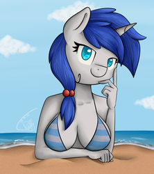 Size: 1280x1443 | Tagged: safe, artist:puffysmosh, oc, oc only, unicorn, anthro, beach, bikini, breasts, cleavage, clothes, female, solo, swimsuit