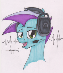 Size: 800x913 | Tagged: safe, artist:shikogo, oc, oc only, oc:lightning bug, bust, headphones, headset, inktober, inktober 2016, looking at you, male, open mouth, portrait, simple background, solo, traditional art