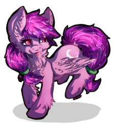 Size: 1070x1208 | Tagged: safe, artist:serenity, oc, oc only, oc:moonlightblume, pegasus, pony, art trade, cute, cutie mark, fluffy, looking up, moon, ponytail, purple, simple background, solo, tongue out, transparent background