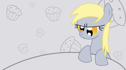 Size: 1602x900 | Tagged: artist needed, safe, derpy hooves, pegasus, pony, angry, cute, female, food, mare, muffin, solo, table, wallpaper
