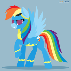 Size: 3000x3000 | Tagged: safe, artist:ballisticmcdelphia, rainbow dash, pegasus, pony, g4, backwards cutie mark, blue background, clothes, colors, cutie mark, female, goggles, high res, looking at you, mane, mare, no pupils, raised hoof, simple background, smiling, solo, splashmark, spread wings, tail, uniform, wings, wonderbolts uniform