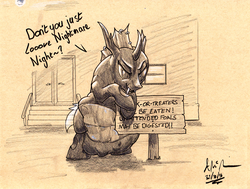 Size: 2000x1514 | Tagged: safe, artist:theandymac, oc, oc only, oc:evening breeze, changeling, abdominal bulge, bipedal, bipedal leaning, changeling oc, dialogue, fetish, leaning, male, monochrome, nightmare night, scar, sign, soft vore, solo, traditional art, vore