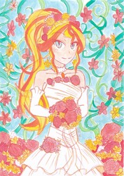 Size: 2468x3484 | Tagged: safe, artist:deeemperor, sunset shimmer, equestria girls, g4, clothes, dress, female, high res, looking at you, solo, traditional art, wedding dress