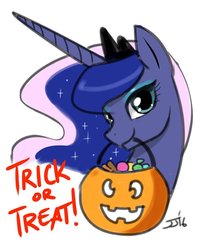 Size: 600x751 | Tagged: safe, artist:johnjoseco, princess luna, pony, g4, bedroom eyes, bust, candy, female, food, halloween, looking at you, mare, mouth hold, simple background, smiling, solo, white background