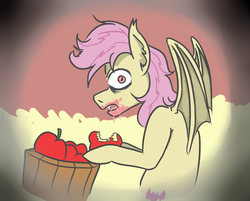 Size: 1040x836 | Tagged: safe, artist:jargon scott, fluttershy, bat pony, pony, g4, apple, batterscotch, butterscotch, creepy, flutterbat, food, race swap, rule 63, solo