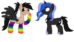 Size: 1347x763 | Tagged: safe, artist:coffeehorse, oc, oc only, oc:night cap, oc:rhapsody, clothes, costume, rainbow socks, socks, striped socks