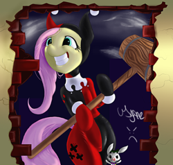 Size: 1050x1000 | Tagged: safe, artist:usager, angel bunny, fluttershy, g4, batman's enemies, clothes, cosplay, costume, hammer, harley quinn, the joker