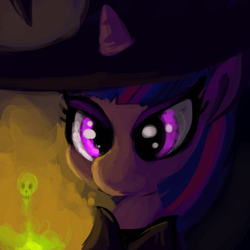 Size: 720x720 | Tagged: safe, artist:tjpones, twilight sparkle, pony, unicorn, g4, dark, female, hat, skull, solo, witch, witch hat