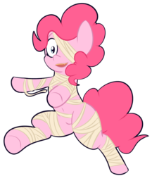 Size: 1669x1930 | Tagged: safe, artist:mr-degration, pinkie pie, earth pony, pony, g4, belly button, bipedal, clothes, costume, cute, female, looking at you, mummy, open mouth, simple background, solo, transparent background