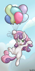 Size: 1500x3000 | Tagged: safe, artist:anibaruthecat, edit, sweetie belle, pony, unicorn, g4, balloon, cloud, cute, diasweetes, explicit source, female, filly, floating, foal, sfw edit, sky, solo