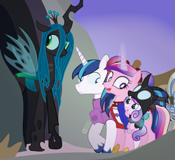 Size: 1150x1050 | Tagged: safe, artist:dm29, princess cadance, princess flurry heart, queen chrysalis, shining armor, alicorn, changeling, pony, unicorn, g4, auntie chrissy, baby, baby pony, clothes, costume, glowing, glowing horn, halloween costume, harley quinn, horn