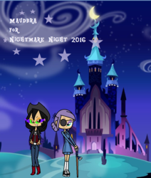 Size: 860x1016 | Tagged: safe, artist:obeliskgirljohanny, king sombra, maud pie, g4, black butler, cane, ciel phantomhive, clothes, cosplay, costume, cowboy, cowboy hat, eyepatch, hat, looking at each other, maudbra, nightmare moon castle, nightmare night, shipping