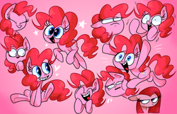 Size: 800x514 | Tagged: safe, artist:vdru7, pinkie pie, earth pony, pony, g4, :>, annoyed, crying, cute, expressions, eyes closed, female, floppy ears, frown, fun fun fun, glare, happy, heart, kicking, mare, multeity, open mouth, pinkamena diane pie, ponk, shivering, smiling, too much pink energy is dangerous, trotting, wide eyes