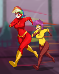 Size: 1016x1267 | Tagged: safe, artist:thebrokencog, rainbow dash, scootaloo, human, g4, barry allen, breasts, busty rainbow dash, commission, crossover, dc comics, female, humanized, kid flash, running, scootalove, the flash, wally west