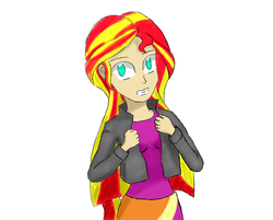 Size: 1280x1028 | Tagged: safe, artist:zoomya, sunset shimmer, equestria girls, g4, clothes, female, leather jacket, skirt, solo, traditional art