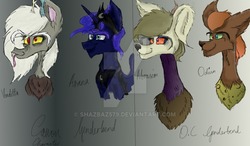 Size: 900x527 | Tagged: safe, artist:shazbaz579, discord, princess luna, draconequus, g4, eris, prince artemis, rule 63, watermark