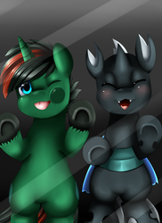 Size: 2550x3509 | Tagged: safe, artist:pridark, oc, oc only, changeling, pony, unicorn, :p, against glass, blushing, changeling oc, commission, cute, duo, eyes closed, fluffy, glass, high res, looking at you, one eye closed, open mouth, smiling, squishy cheeks, tongue out, underhoof, wink