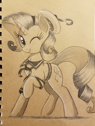 Size: 4032x3024 | Tagged: safe, artist:ncmares, rarity, pony, unicorn, g4, clothes, female, ghostbusters, grayscale, inktober, looking at you, monochrome, one eye closed, pun, raised hoof, rarity is a marshmallow, sailor suit, smiling, solo, stay puft marshmallow man, traditional art, wink