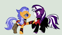 Size: 1222x688 | Tagged: safe, artist:peregrinstaraptor, oc, oc only, oc:duskstripe, oc:wyldfyre, vampire, clothes, costume, leotard, nightmare night costume, ninja