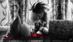 Size: 1800x1059 | Tagged: safe, artist:jamescorck, lucky clover, roseluck, fanfic:sanguine kindness, g4, church, coffin, crying, dead, engagement ring, fanfic, fanfic art, flower, funeral, monochrome, neo noir, partial color, rose