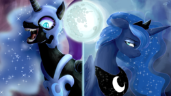 Size: 1920x1080 | Tagged: safe, artist:ereb-tauramandil, nightmare moon, princess luna, g4, drool, duality, mare in the moon, moon