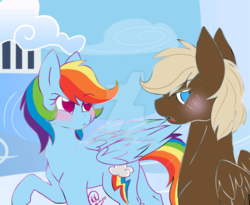 Size: 1024x838 | Tagged: safe, artist:ayumunakishima, dumbbell, rainbow dash, g4, blushing, cloudsdale, dumbdash, male, shipping, straight, tsunderainbow, tsundere, watermark