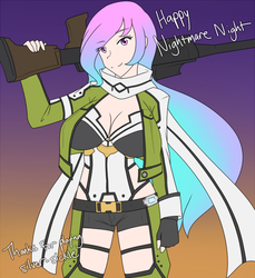 Size: 1280x1400 | Tagged: safe, artist:jonfawkes, princess celestia, human, series:nightmare war, g4, breasts, busty princess celestia, cleavage, clothes, cosplay, costume, female, gun, halloween, humanized, looking at you, nightmare night, rifle, sinon, smiling, solo, sword art online, weapon