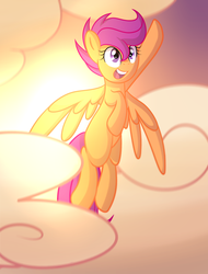 Size: 1750x2300 | Tagged: safe, artist:drawntildawn, scootaloo, pegasus, pony, g4, cloud, cloudy, female, filly, flying, scootaloo can fly, solo