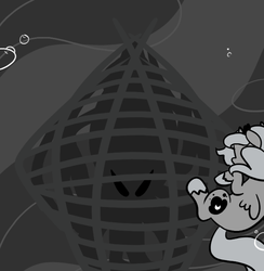 Size: 666x682 | Tagged: safe, artist:egophiliac, princess luna, giant squid, moonstuck, g4, filly, grayscale, monochrome, net, underwater, underwater basket weaving, woona, younger