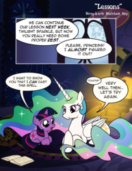 Size: 1275x1650 | Tagged: safe, artist:dsana, princess celestia, twilight sparkle, pony, comic:lessons, g4, book, comic, cute, filly, filly twilight sparkle, fireplace, missing accessory, open mouth, prone, smiling