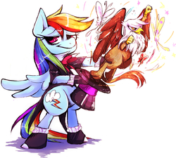 Size: 1147x1034 | Tagged: safe, artist:setoya, gilda, rainbow dash, butterfly, griffon, pony, g4, backwards cutie mark, bipedal, bowtie, clothes, costume, hat, looking at you, magic, pixiv, suit, top hat