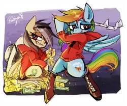 Size: 1654x1376 | Tagged: safe, artist:setoya, daring do, rainbow dash, g4, boots, clothes, gold, grin, hoodie, pixiv, sharp teeth, smiling, teeth