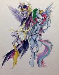 Size: 2293x2922 | Tagged: safe, artist:aiden, rainbow dash, twilight sparkle, alicorn, pony, g4, candy, food, halloween, high res, looking at you, pixiv, rainbow dash always dresses in style, she-ra, traditional art, twilight sparkle (alicorn)