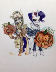 Size: 2317x2987 | Tagged: safe, artist:aiden, applejack, rarity, g4, clothes, dress, halloween, high res, jack-o-lantern, jason voorhees, looking at you, mask, pixiv, pumpkin, traditional art