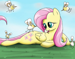 Size: 1000x786 | Tagged: safe, artist:wolftendragon, fluttershy, cutiefly, g4, crossover, cute, pokémon, prone, shyabetes