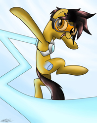 Size: 1000x1273 | Tagged: safe, artist:wolftendragon, earth pony, pony, crossover, goggles, overwatch, ponified, solo, tracer