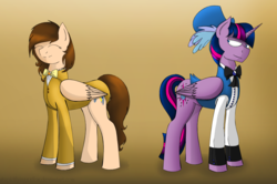 Size: 1280x852 | Tagged: safe, artist:stuflox, oc, oc only, oc:drawingamer, oc:synthesia monsparkle, pegasus, pony, clothes swap, hat, not twilight sparkle, top hat