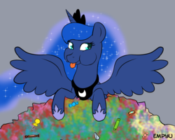 Size: 1000x800 | Tagged: safe, artist:empyu, princess luna, alicorn, pony, g4, 30 minute art challenge, candy, female, food, puffy cheeks, silly, silly pony, solo, spread wings, tongue out