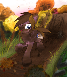 Size: 900x1031 | Tagged: safe, artist:stec-corduroyroad, oc, oc only, oc:corduroy road, earth pony, pony, autumn, dirt, male, messy mane, mud, muddy, running of the leaves, solo, stallion, tree
