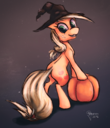 Size: 1800x2100 | Tagged: safe, artist:ferasor, applejack, earth pony, pony, g4, butt, female, grin, hat, looking back, mare, plot, pumpkin, smiling, solo, witch hat