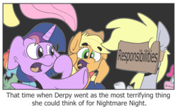 Size: 2335x1452 | Tagged: dead source, safe, artist:jittery-the-dragon, applejack, derpy hooves, fluttershy, pinkie pie, rainbow dash, rarity, twilight sparkle, alicorn, pony, g4, 2spooky, :i, faint, flying, mane six, nightmare night, pure unfiltered horror, responsibility, scared, screaming, twilight sparkle (alicorn), underhoof, vomiting, wide eyes