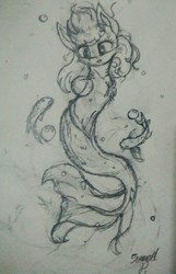 Size: 823x1280 | Tagged: safe, artist:polakz, oc, oc only, fish, mermaid, merpony, bubble, drawing, female, fish tail, flowing tail, mare, ocean, paper, sketch, solo, swimming, tail, traditional art, underwater, water